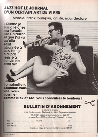 Le bulletin d'abonnement  Jazz Hot (n443) sous Philippe Adler. Il témoigne assez précisément de la nature de son humour.