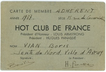 Carte d'adhérent du HCF, 1937 © collection Fond'action Boris Vian, by courtesy