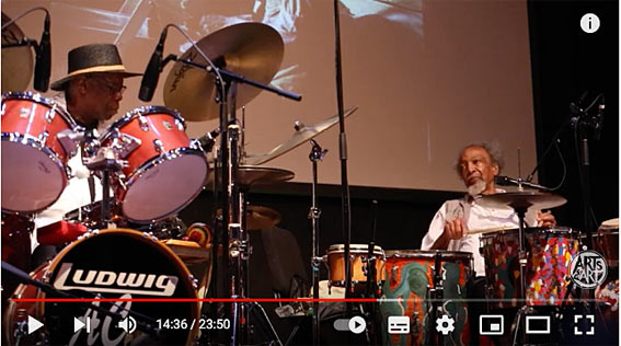 Andrew Cyrille et Milford Graves, Dialogue of the Drums, AFAs Vision Festival 24, Roulette, Brooklyn, 11 juin 2019 (image extraite de YouTube, cf. videographie)