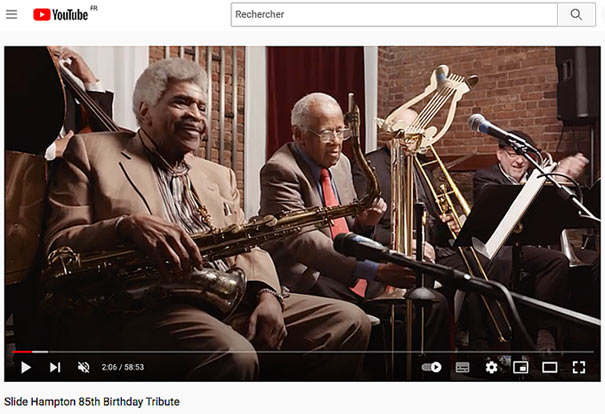 85e anniversaire de Slide Hampton, image extraite de YouTube George Coleman, Slide Hampton, Steve Turre et Steve Davis; étaient aussi présents Kamau Adilifu (tp),Peter Lin (tb), Kenny Barron (p), Rufus Reid (b), Victor Lewis (dm) 85e anniversaire de Slide Hampton, image extraite de YouTube George Coleman, Slide Hampton, Steve Turre et Steve Davis; étaient aussi présents Kamau Adilifu (tp),Peter Lin (tb), Kenny Barron (p), Rufus Reid (b), Victor Lewis (dm)