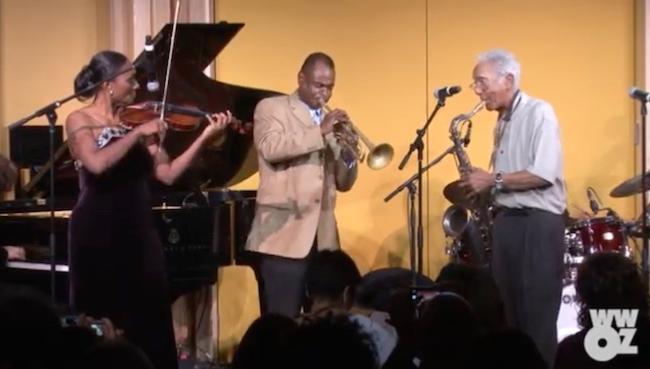 Kidd Jordan, Family Jam, Marlon Jordan (tp), Rachel Jordan (vln), Joel Futterman (p), William Parker (b), Alvin Fielder (dm), concert pour l�inauguration du New Orleans Jazz & Heritage Center, WWOZ, NOLA, 15 d&eacute;cembre 2014, image extraite de YouTube