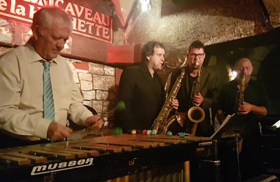 De gauche  droite: Dany Doriz, Pascal Thouvenin, Sax Gordon et Boris Blanchet, Caveau de La Huchette, 17 septembre 2019 © Alexandra Green