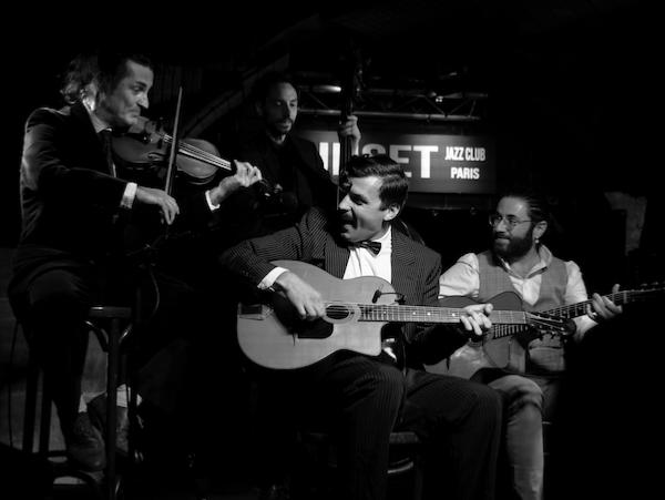 Guillaume Singer (vln), Edouard Pennes (b), Romain Vuillemin (g), R&eacute;mi Oswald (g), Sunset, 6 mai 2023 &copy; J&eacute;r�me Partage