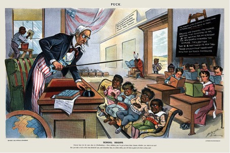 Caricature de Louis Dalrymple, titrée «l’Ecole commence»: une image parlante, éditée le 25 janvier 1899