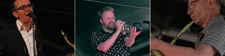 Drew Davies (voc, ts), Thomas Mestres (tp), Jean-Marc Labb&eacute; (bar), Pl&eacute;neuf-Val-Andr&eacute;, 16 ao�t 2022 &copy; Yves Sportis