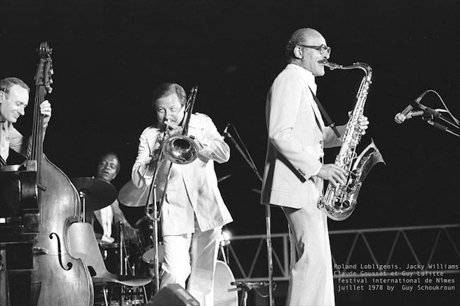 Roland Lobligeois (b), Jacky Williams (dm), Claude Gousset (tb), Guy Lafitte (ts), Festival International de Nmes, juillet 1978 © Guy Schoukroun