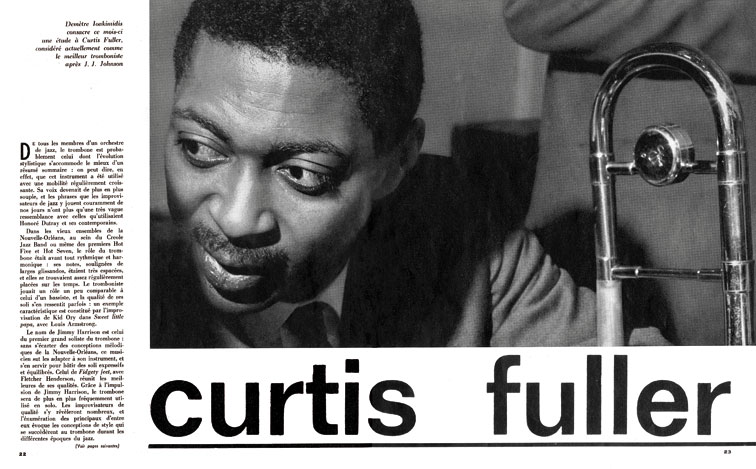 Fac-simile de la double page 22-23 d'ouverture de l'article de Demètre Ioakimidis consacré à Curtis Fuller dans le n°176 de Jazz Hot, mai 1962, photo de Jean-Pierre Leloir © Jazz Hot Archives
