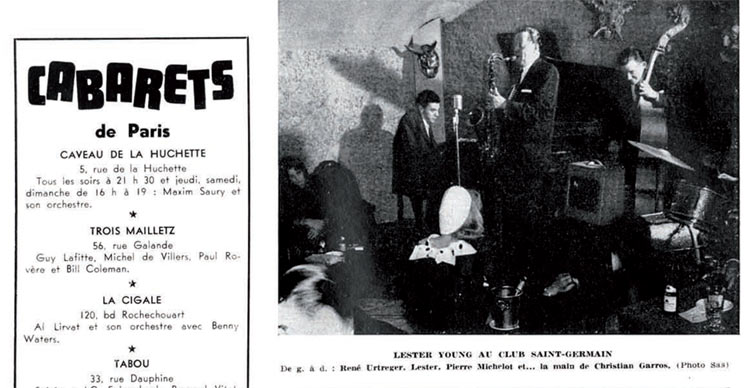 Ren&eacute; Urtreger, Lester Young et Pierre Michelot au Club St-Germain, Paris 1956, page extraite de Jazz Hot n�115-1956
