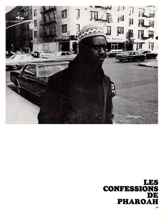 Jazz Hot n°239, mars 1968, p17, ouverture de l'interview de Pharoah Sanders interview par Elizabeth Van Der Mei, photos par Guy Kopelowicz