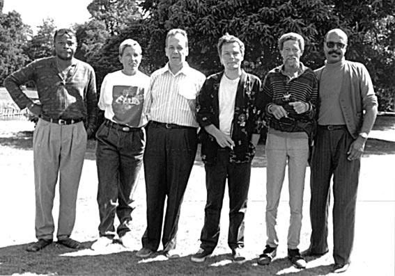 Steve Lacy Sextet: Steve Potts, Irene Aebi, Steve Lacy, Jean-Jacques Avenel, Bobby Few, John Betsch (Jazz Middelheim, 13/08/89) © Stephan Leemans, coll. John Betsch, by courtesy of John Betsch