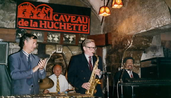 Dany Doriz (vib), Michel Denis (dm), Bob Wilber (as), Wild Bill Davis (org), Caveau de La Huchette, juin 1990 &copy; Photo X, Collection Dany Doriz by courtesy