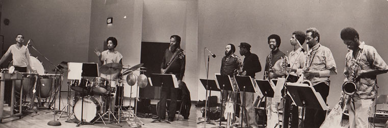 Composers Workshop Ensemble, concert SUNY Old Westbury, c. 1970: Omar Clay (dm, perc), Warren Smith (dm, perc), David Moore (b), Norman Spiller (tp), Craig Harris (tb), Jack Jeffers (btb), Vincent Chauncey (frh), Kalaparusha Ara Difda (Maurice McIntyre) (ts), Knoel Scott (bs, as) © photo X by courtesy of Warren Smith