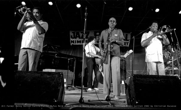 Le Jazztet: Art Farmer, Rufus Reid, Benny Golson, Curtis Fuller, Albert Tootie Heath, Festival International de Jazz de Nîmes 1982© Christian Ducasse
