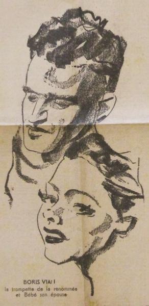 Boris Vian et son épousé "Bébé" d'après un croquis paru dans l'hebdomadaire parisien La Bataille, n°238 du 14 juillet 1949 © Collection François Roulmann, by courtesy