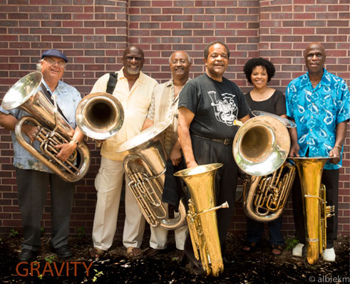 Howard Johnson & Gravity: Dave Bargeron, Joe Daley, Earl McIntyre, Howard Johnson, Nedra Johnson, Bob Stewart  © photo X by courtesy of www.hojotuba.com